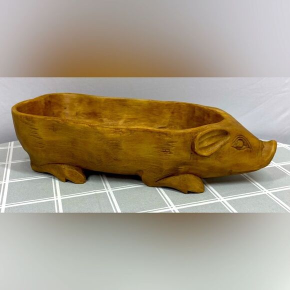 Pig Bowl Resin that Looks Like Wooden Hand Carved Unique Farmhouse Decor Vessel - Picture 1 of 9